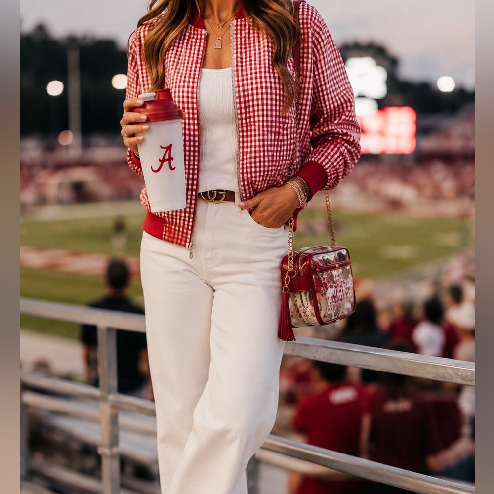 Women's Red Gingham Bomber Jacket Sz M